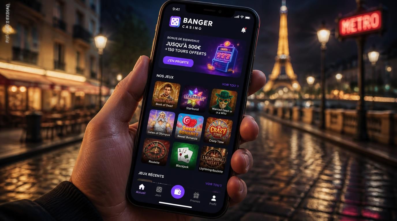 vue dâune application casino mobile avec un utilisateur la tenant dans la main devant une ville française