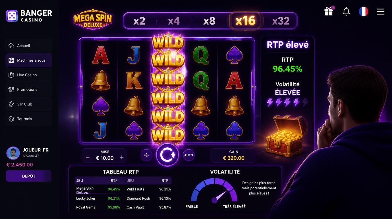 Machine à sous moderne avec multiplicateurs, wilds, interface dynamique et affichage du RTP