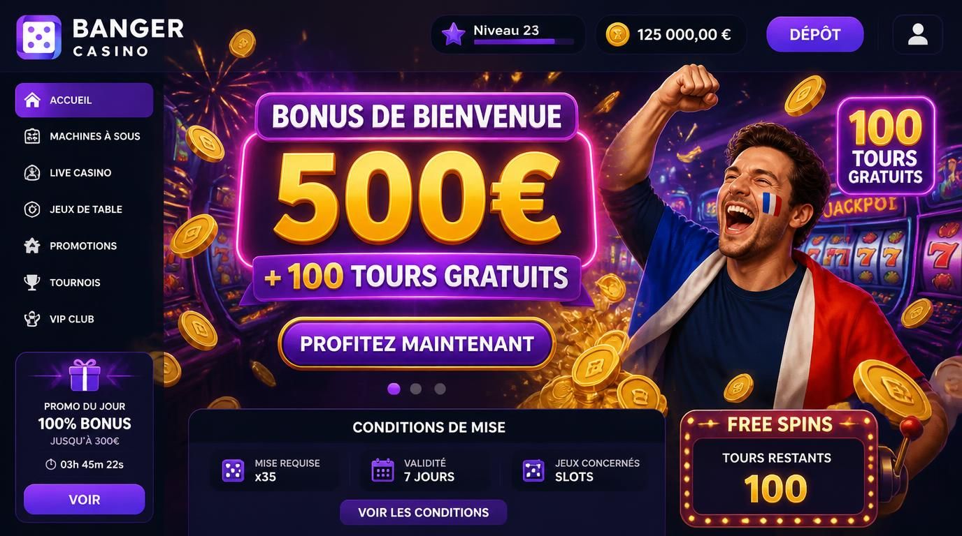 Visuel montrant bonus de bienvenue avec free spins et machines à sous en arrière-plan, joueur enthousiaste